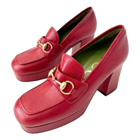 Gucci Goatskin Houdan Mid Heel Platform Loafers Hibiscus Red - Picture 1 of 9